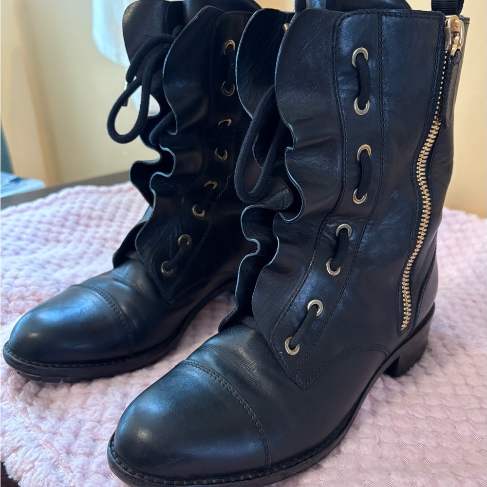 Valentino Black Leather Ruffled Combat Boots